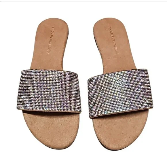 Rhinestone Embellished Slide Sandals Womens Sparkling Flat Slip-On Shoes - Picture 5 of 7